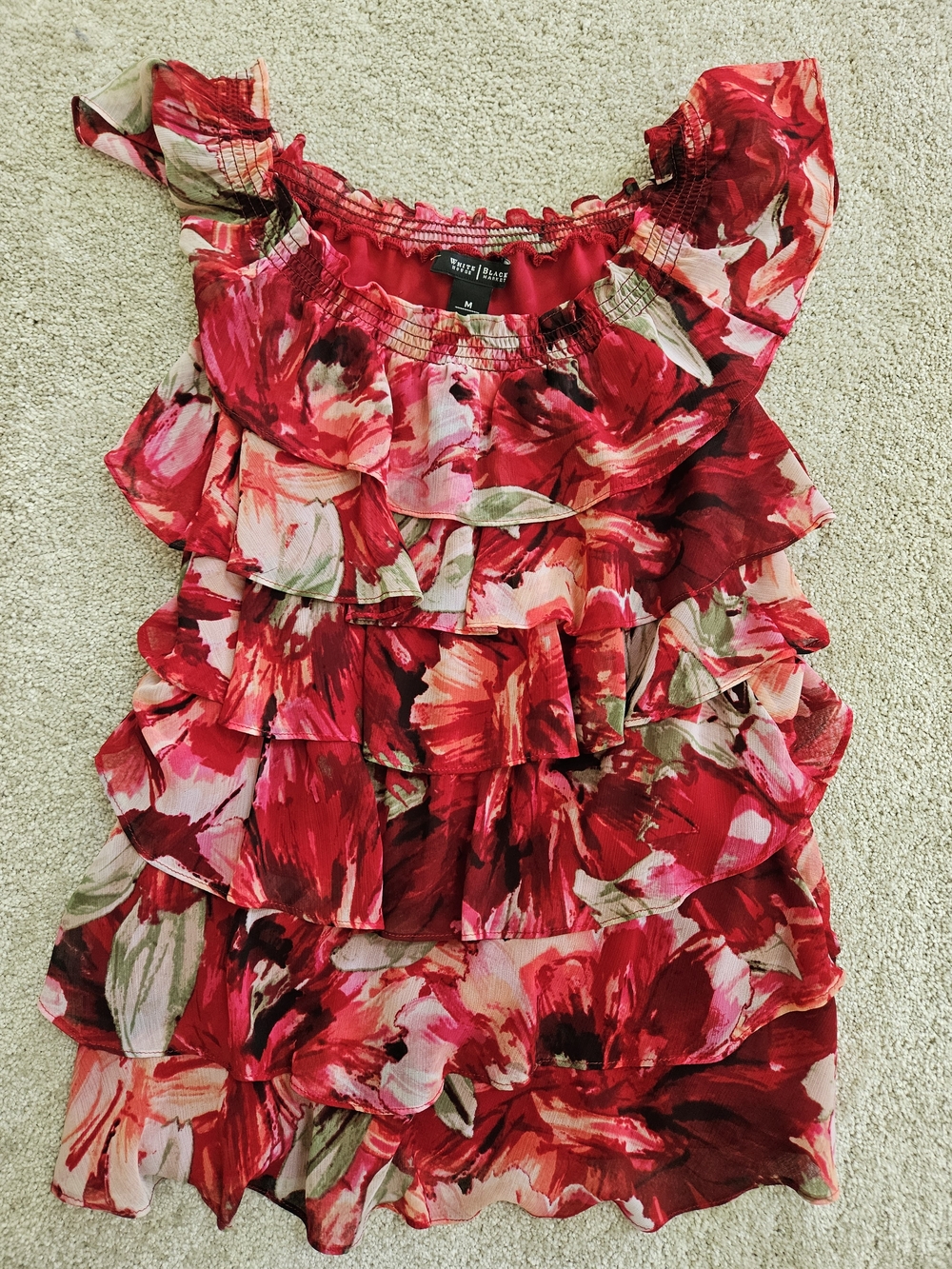 White House Black Market Red & Pink Floral Ruffle Top
